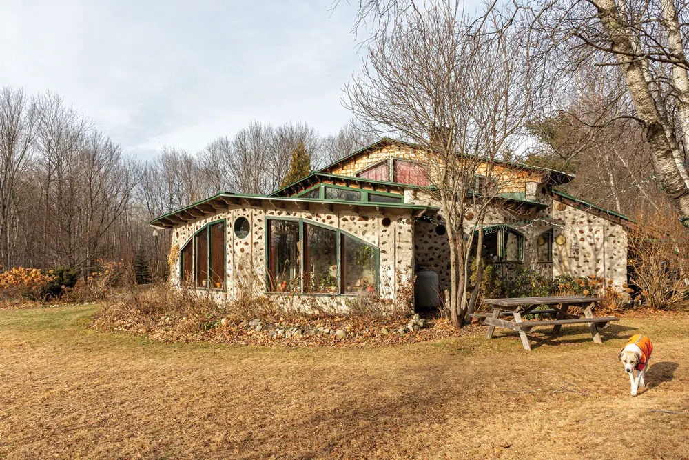 Sophia Maamouri and Jim Kennedy’s dodecahedral cordwood home, in South Paris, revises the genre’s typical round shape with flat walls that Maamouri felt would be easier to construct.
