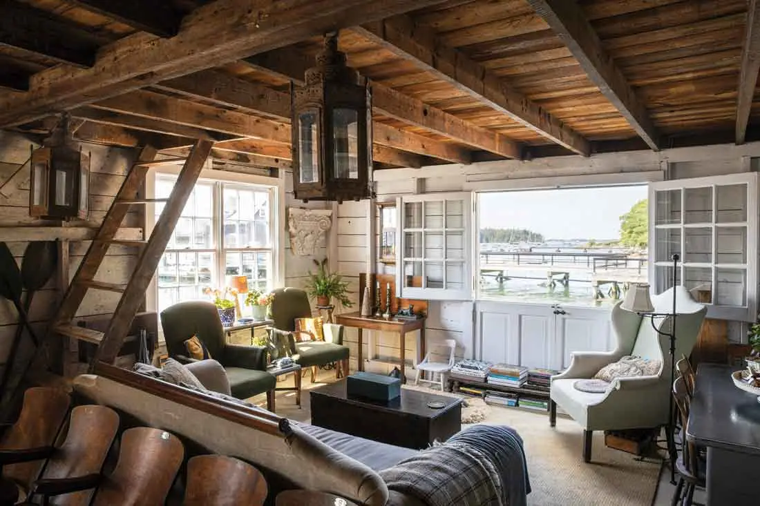 “It’s like living on a boat,” David Hopkins says of the North Haven carriage house he shares with artist David Wilson