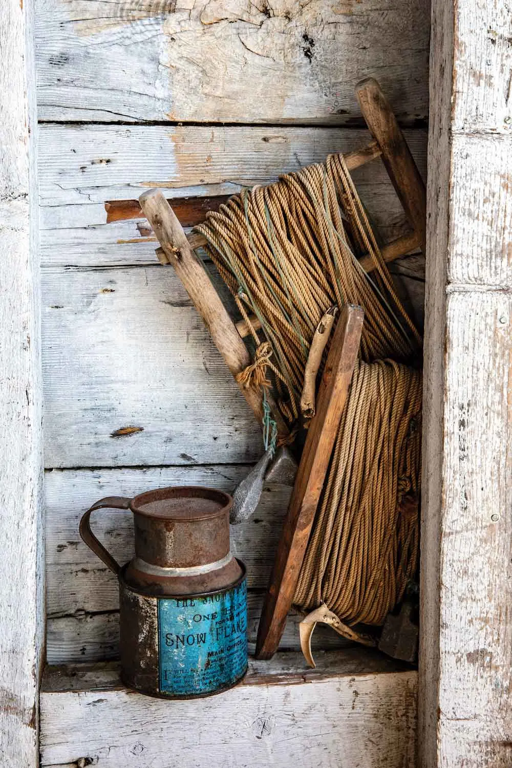Antique hand-line fishing reels were used for ice fishing on the ponds that dot North Haven.