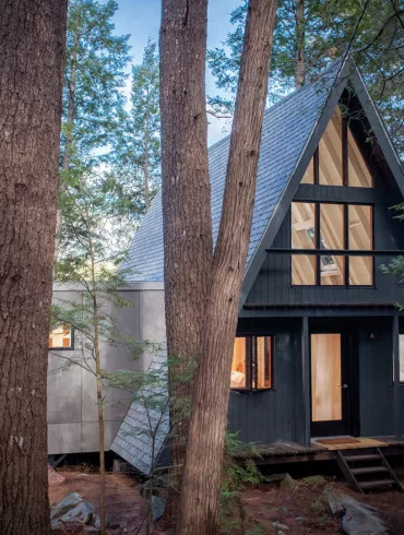 a 1975 A-frame in Mount Vernon, Maine, on Torsey Pond