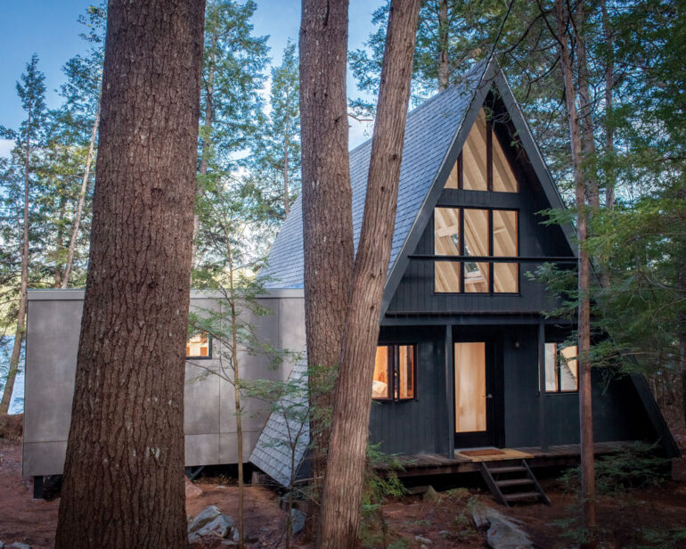 a 1975 A-frame in Mount Vernon, Maine, on Torsey Pond