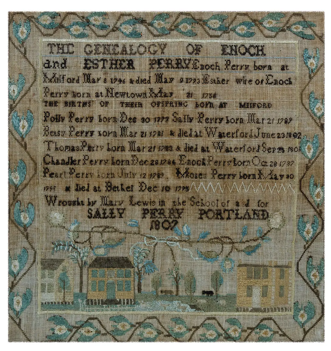 family register sampler from Misses Martin’s School for Young Ladies in North Yarmouth