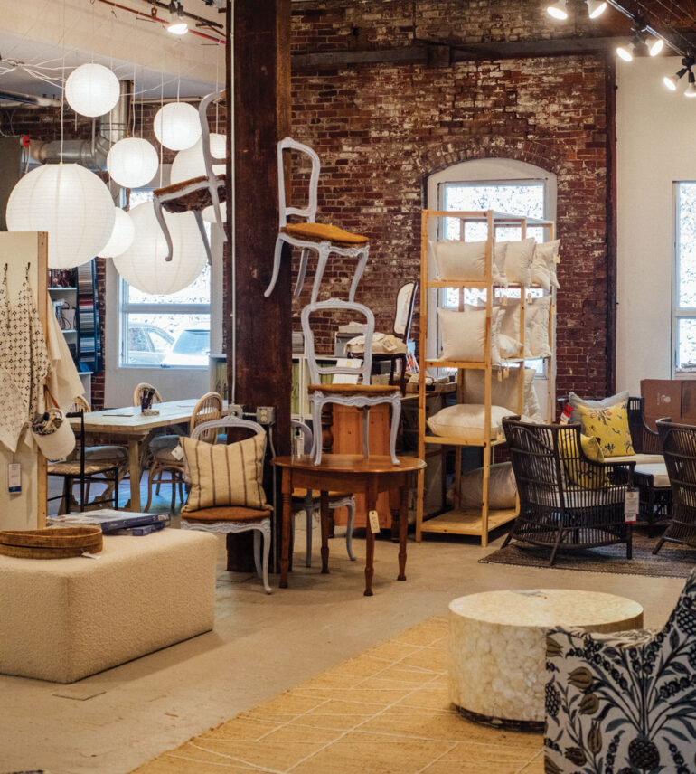 unupholstered and upholstered chairs and pillows at Home Remedies in Portland Maine