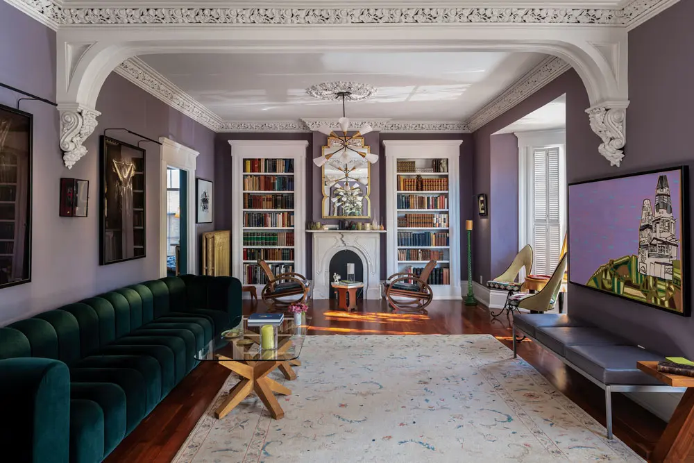 Farrow & Ball’s Brassica — a lavender purple — on the living room walls of designer Marianne Lesko's 1857 Portland Maine home