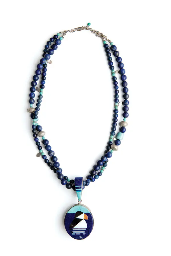 mosaic necklace of a puffin by Decontie & Brown