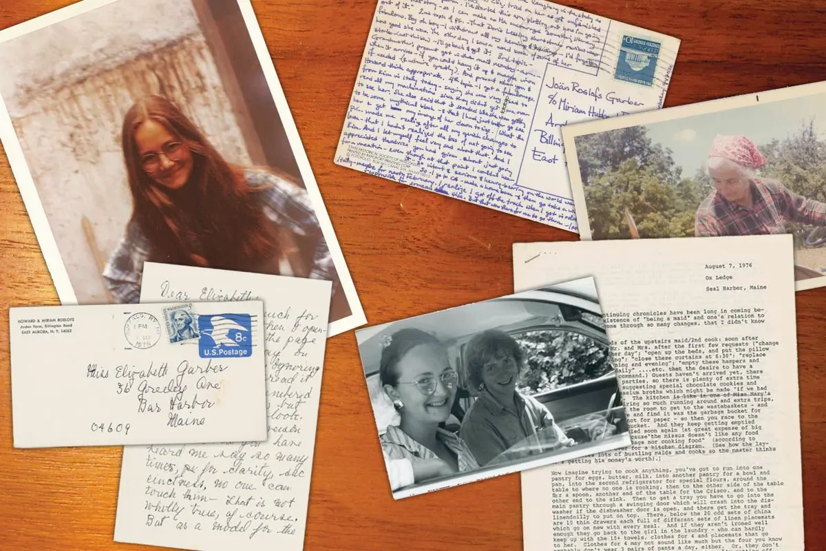 Writer Elizabeth W. Garber, pictured in the mid-’70s (top left and bottom right), and her grandmother (top right) exchanged dozens of letters during the summer Garber worked as a maid at Ox Ledge, in Seal Harbor.