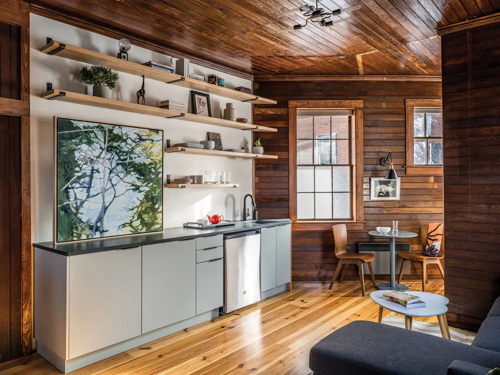 kitchenette with an acrylic by Portland’s Liz Hoag.