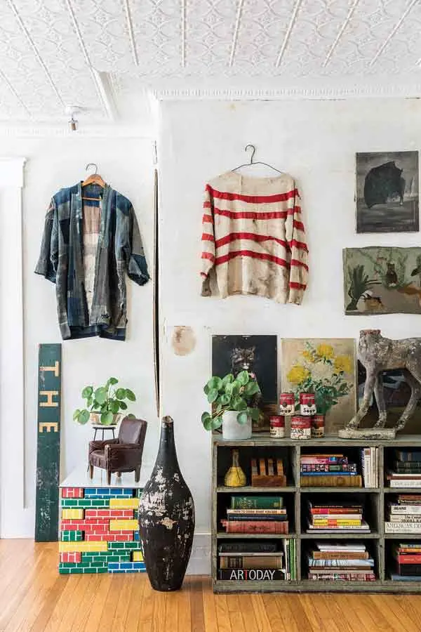 Old clothes with interesting patterns are art in the living room.