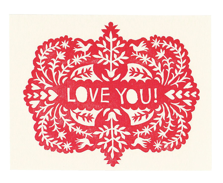 Eliza Jane Curtis block-printed Valentine's Day greeting card