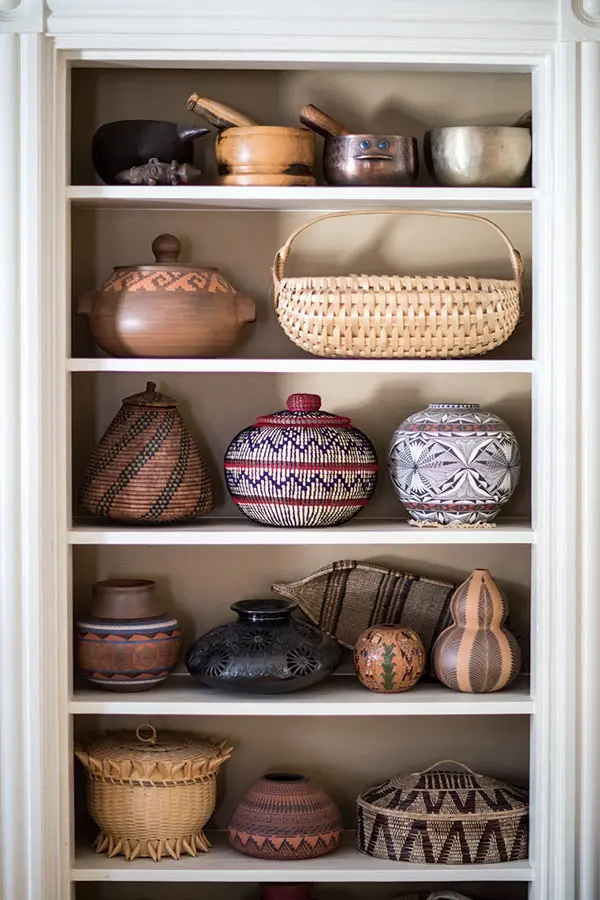 five_shelf Baskets and ceramics by indigenous artisans