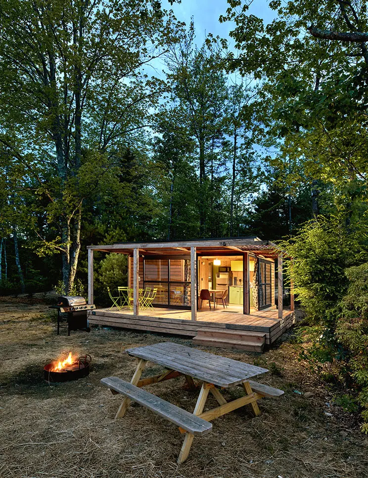 Huttopia Southern Maine, on 50 wooded acres fronting Sand Pond in Sanford