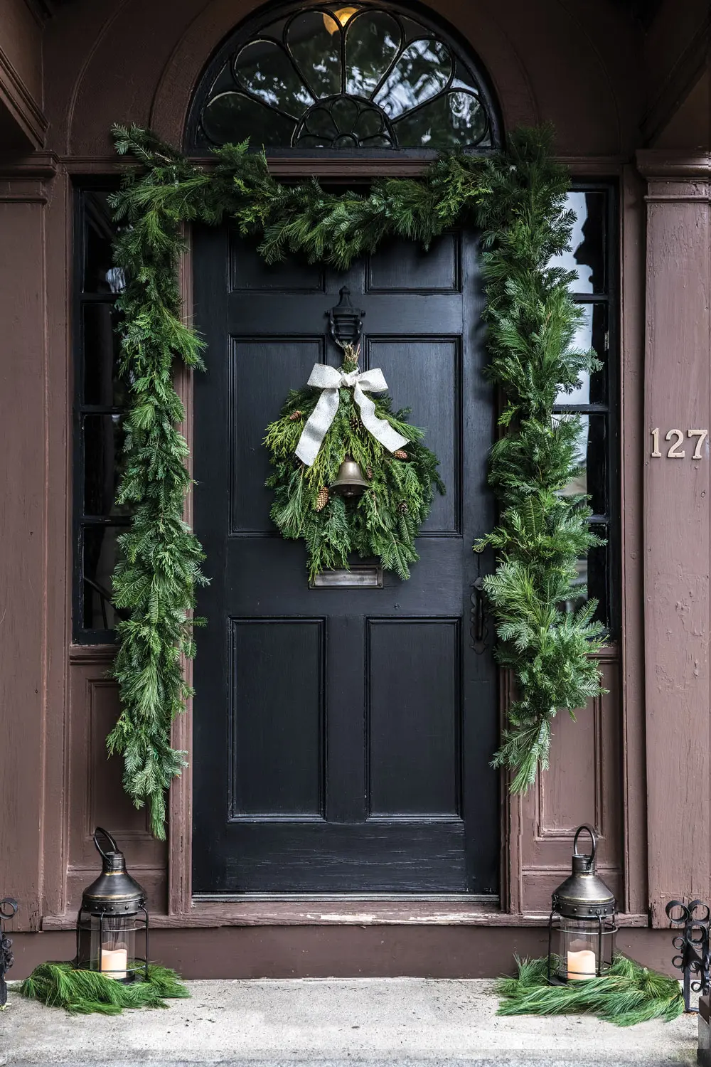 holiday décor ideas, balsam, cedar, and pine spray surrounding front door