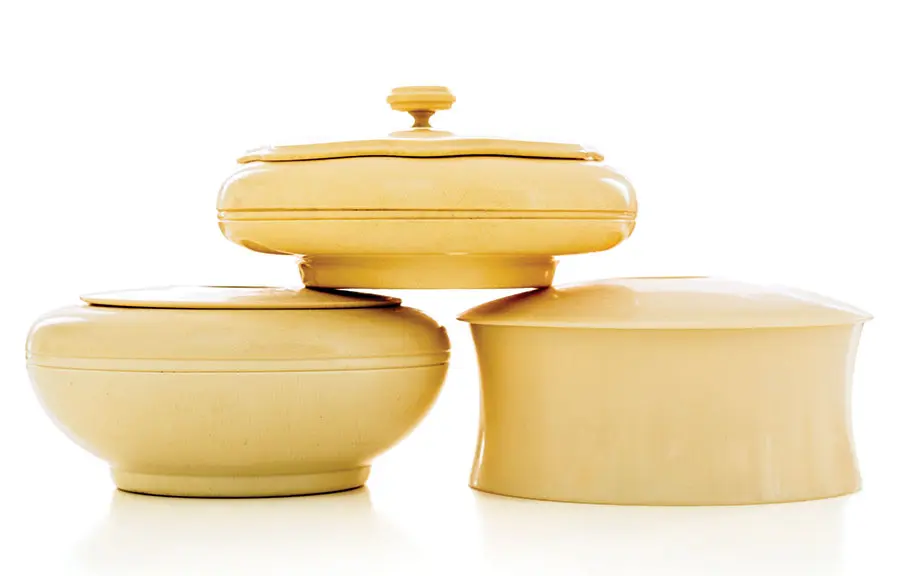 min4 early-20th-century celluloid powder boxes found at Sadie’s Antiques in Rockport