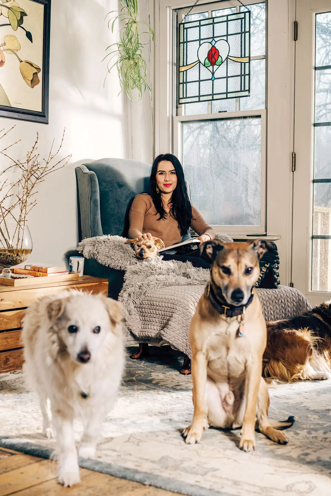 Rosanna Gargiulo and her dogs in her Dresden Maine home