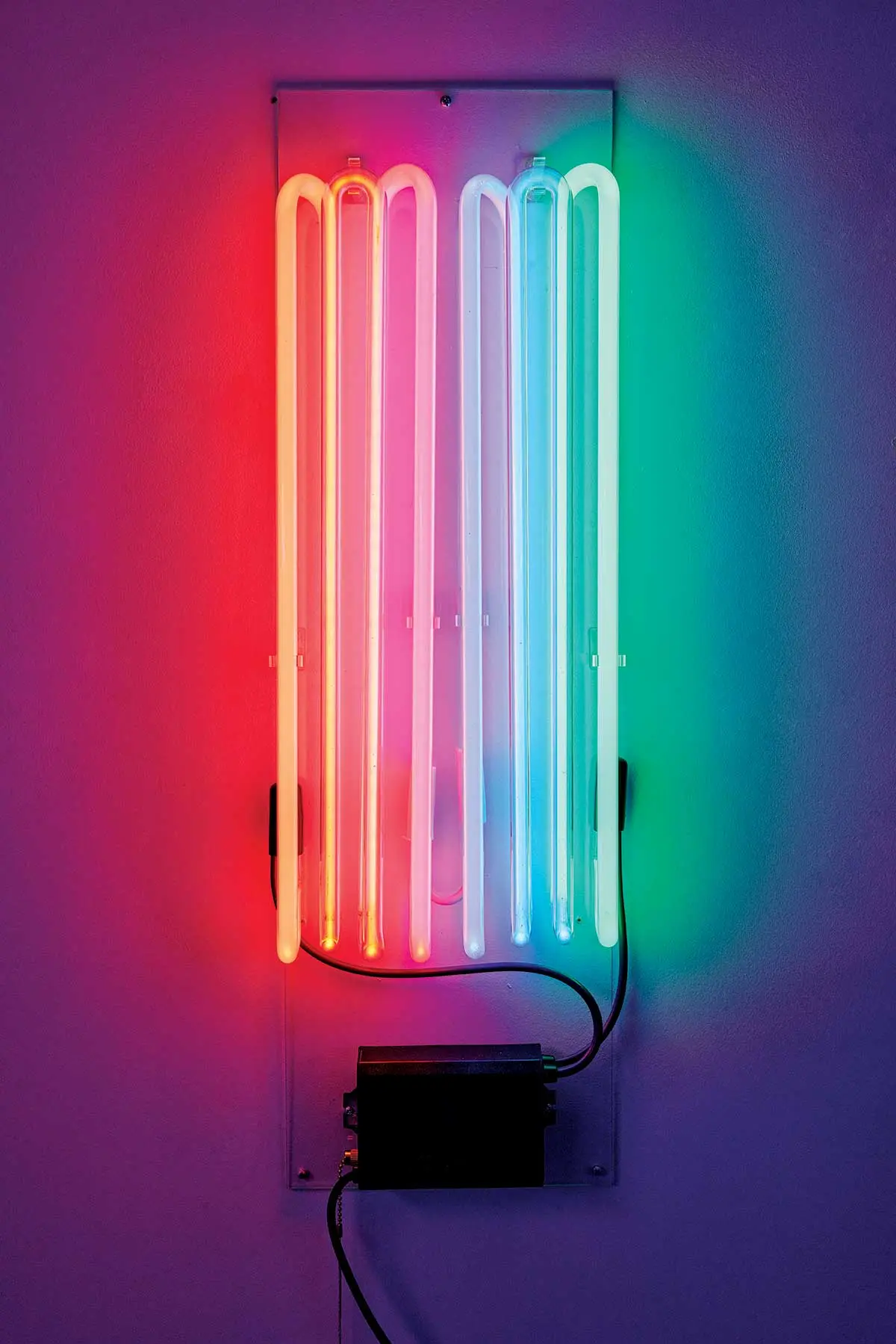 A sampling of neon tube colors in A hop-shaped neon light by Neon Dave's studio