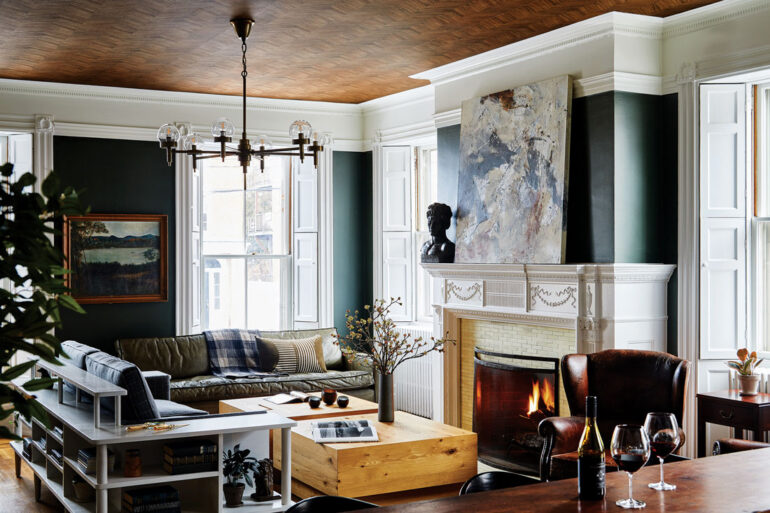 A vintage landscape from Portland Flea-For-All sparked the barroom’s palette at the Blind Tiger, in Portland, Maine
