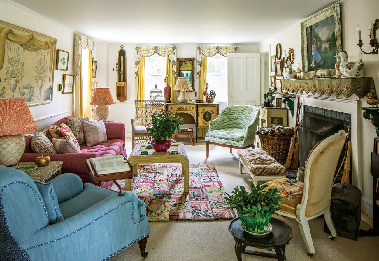 Among the living-room treasures in decorator Sister Parish’s family home on Islesboro: trompe l’oeil pelmets hand-painted at her New York firm; an armchair with a swiveling book holder modeled after one Thomas Jefferson designed; a mantel tapestry salvaged from a church; and a barrel-back chair and matching lampshades in her company’s prints.