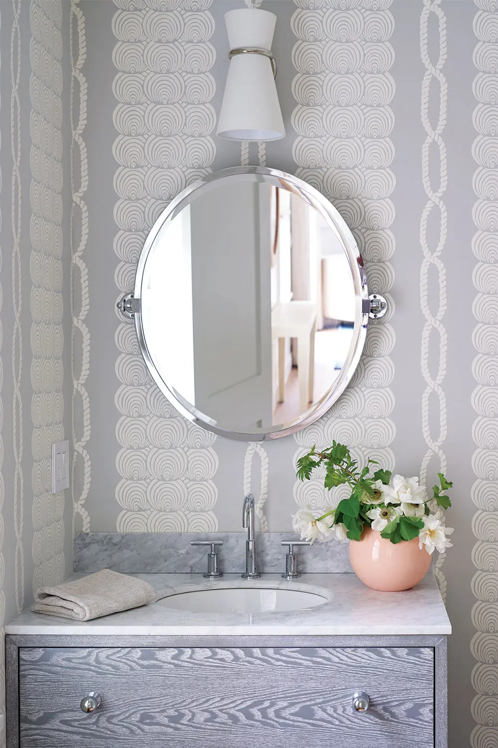 a Schumacher rope print in a bathroom designed by Tyler Karu