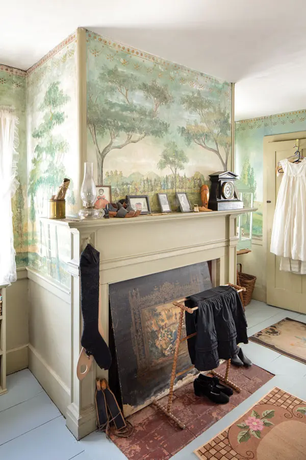 Preserving a 19th-Century Writer's Party Pad A harbor mural by 19th-century painter Rufus Porter animates a bedroom in author Kate Douglas Wiggin’s former home that is staged with her clothing and other belongings.