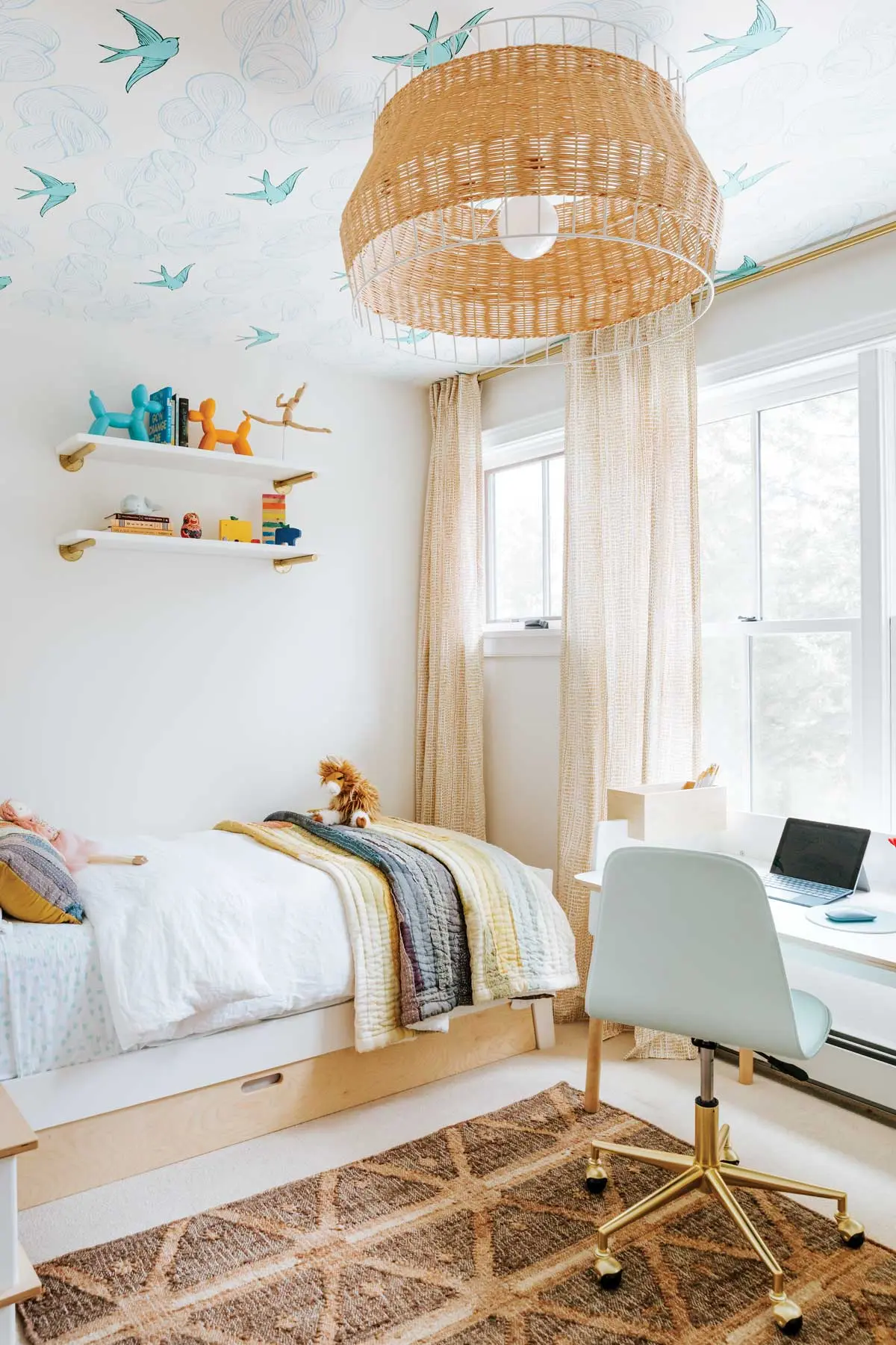 Bold wallpaper sets the tone in Coco (left) and Poppy’s Freeport bedrooms