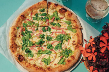 Smoke alewife and pickled onion pizza from Odd Alewives Farm Brewery