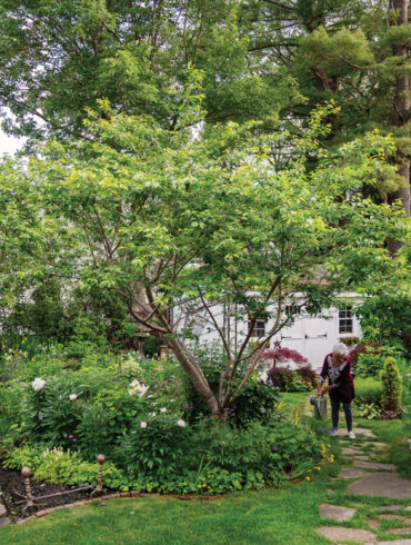 Robin Robinson watering the plants in her Brunswick garden