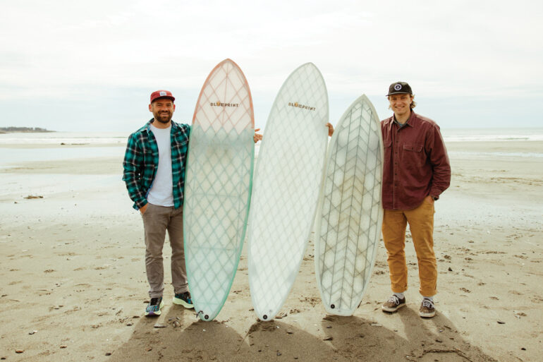 Blueprint Surf founders Luke Diehl and Mike Ballin with their Sea Mink and (flat-bottomed) Pogy shortboards