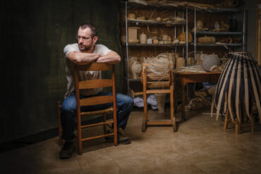 Jeremy Frey in his studio, in Eddington. This year, his baskets are traveling to exhibitions from Portland to New York to Paris.