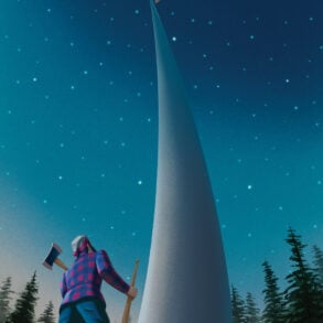 illustration of Paul Bunyan standing at the foot of a collossal flagpole