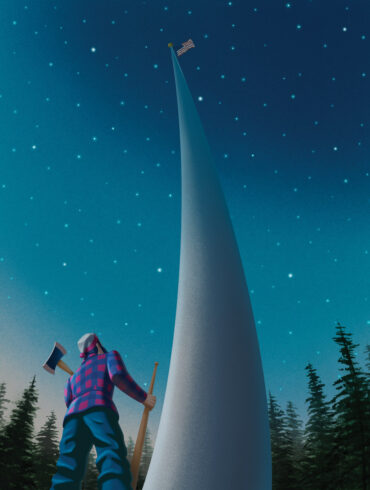 illustration of Paul Bunyan standing at the foot of a collossal flagpole