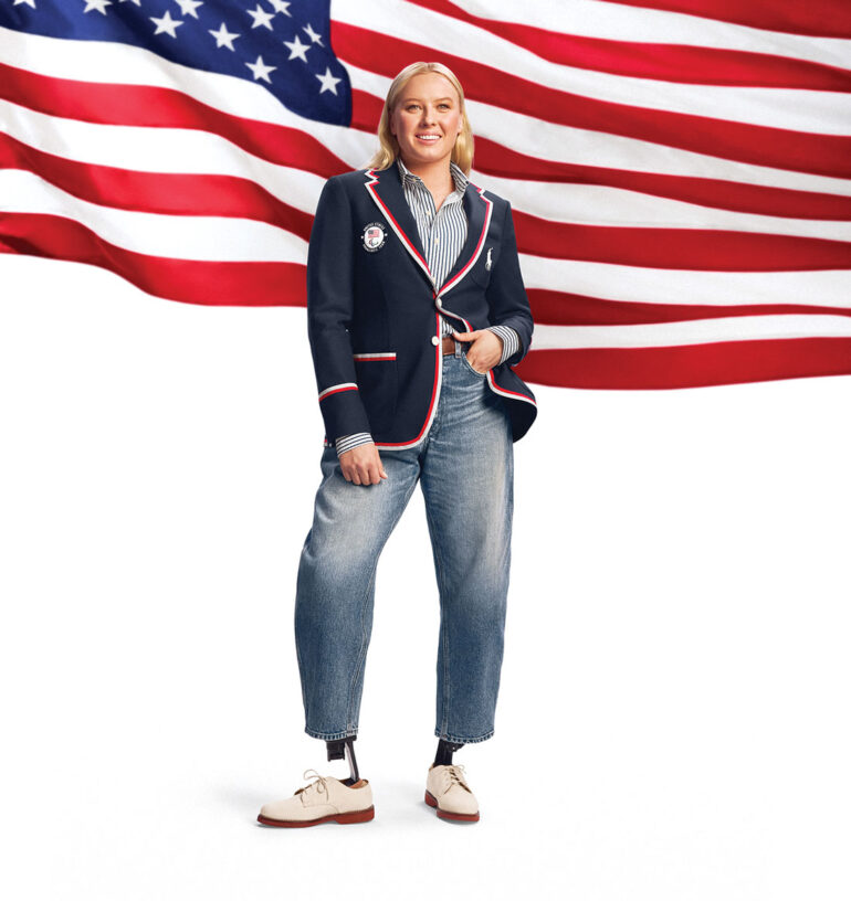 Paralympic swimmer Jessica Long modeling Team U.S.A's opening ceremony uniform at the 2024 Paris Olympics