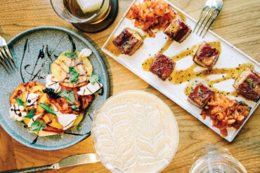 Heirloom-tomato caprese salad; espresso martini; and braised pork belly with yuzu-sesame dressing and spicy kimchi from Rodney's at 436 Main