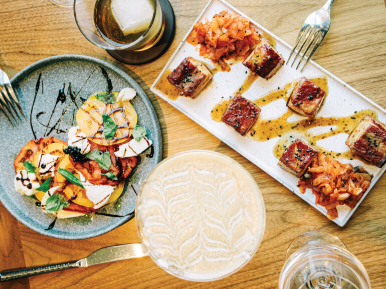 Heirloom-tomato caprese salad; espresso martini; and braised pork belly with yuzu-sesame dressing and spicy kimchi from Rodney's at 436 Main
