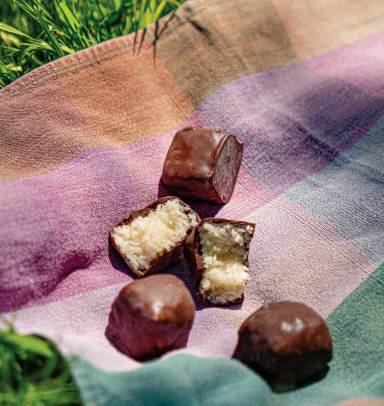 Needhams, also known as Maine potato candy, on a picnic blanket
