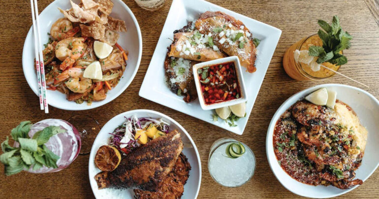 Drunken noodles with shrimp and crispy pork belly; guajillo-braised-brisket tacos; Cajun grilled shrimp with garlic-cheddar grits; Caribbean seared red snapper with sweet-potato latkes from The Butcher The Baker in Bangor, Maine