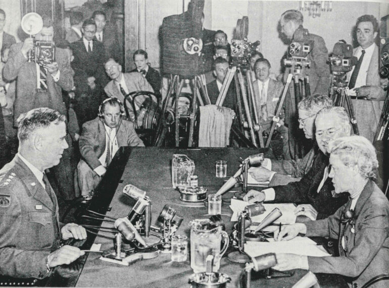 Senator Margaret Chase Smith questions Korean War general James Van Fleet in 1953.