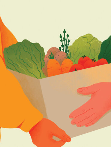 Hands exchange a paper bag full of fresh vegetables, symbolizing community support and healthy lifestyle choices.