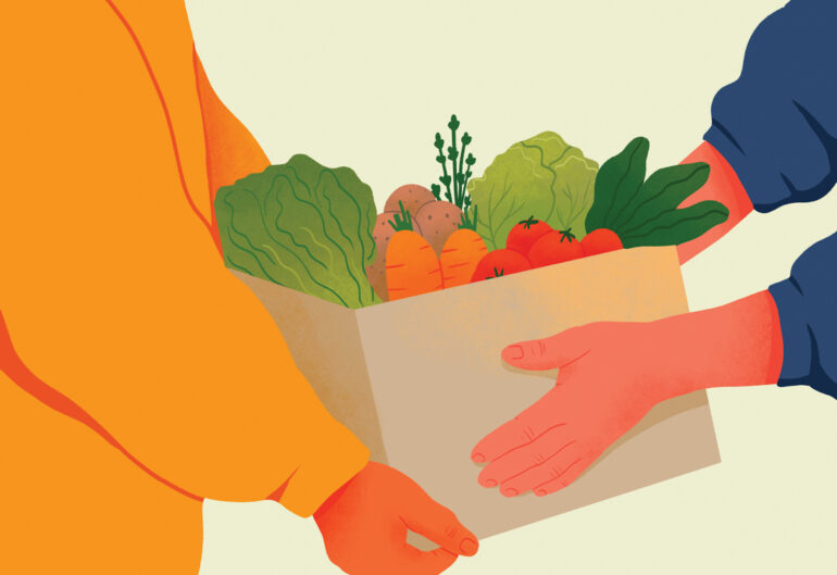 Hands exchange a paper bag full of fresh vegetables, symbolizing community support and healthy lifestyle choices.