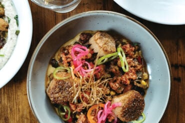 seared scallops with sweet-potato spaetzle, roasted winter vegetables, squash puree, and salsa verde from Linden + Front
