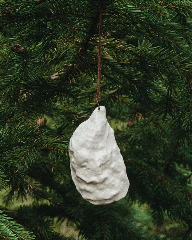 maine-made porcelain oyster ornament from Wishbone Clay