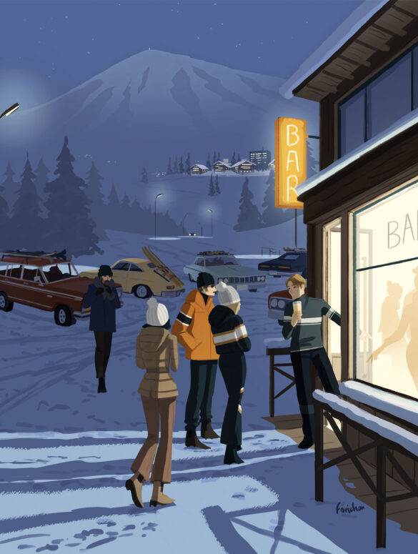illustration of ski bums gathering at a bar at the base of Sugarloaf Mountain in Carrabassett Valley