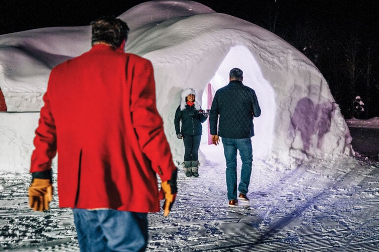 the entrance to Sunday River’s new massive igloo, Alpeniglu