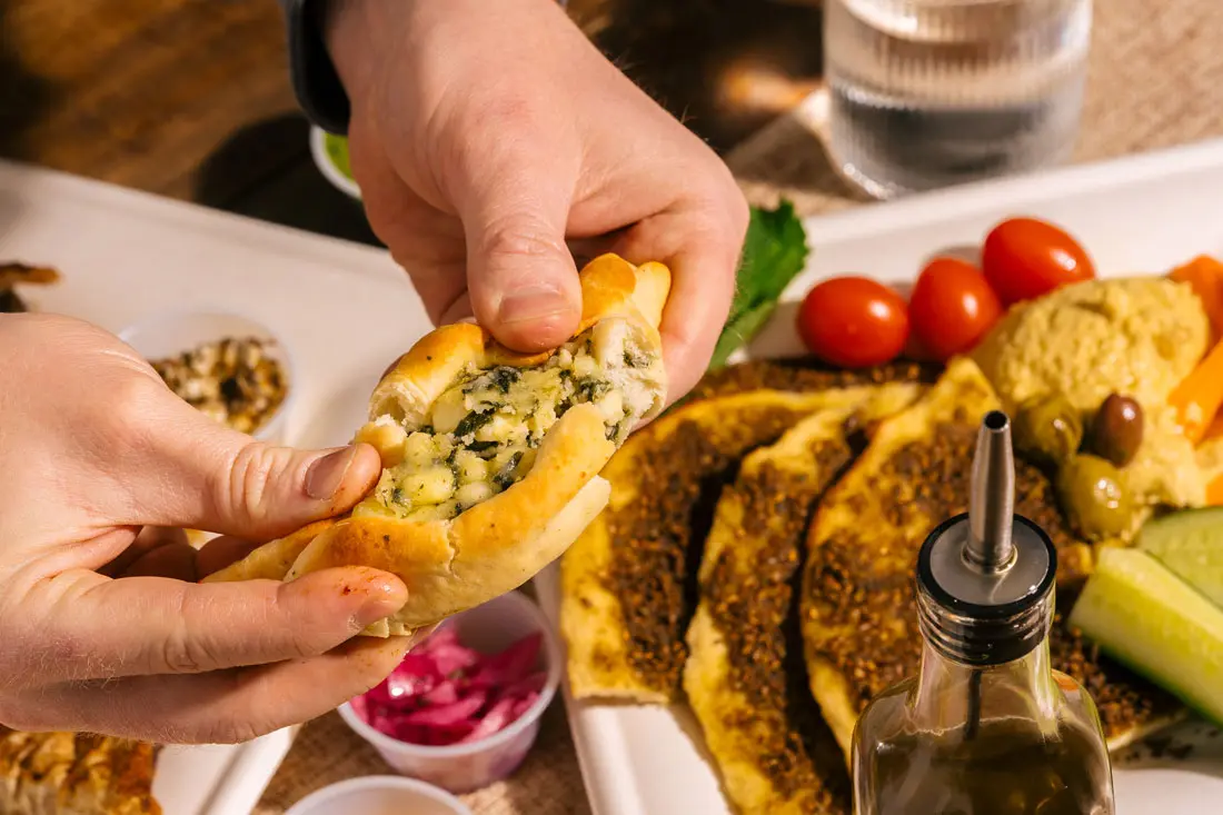 spinach-and-feta pie and other Lebanese dishes from Mezza in Waterville, Maine