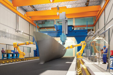 a mock-up of UMaine's new $82 million Green Engineering and Materials building, slated to open late next year, will house the Factory of the Future, a 3D-printing manufacturing hub staffed with robots