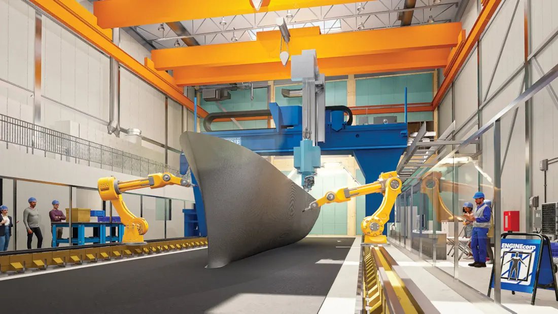 a mock-up of UMaine's new $82 million Green Engineering and Materials building, slated to open late next year, will house the Factory of the Future, a 3D-printing manufacturing hub staffed with robots