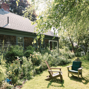 The garden behind Jane Donelon's shingled Cape in Brunswick, Maine