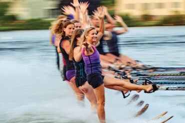 a water-skiing team practicing their routine for the Maine Attraction, Maine’s only water-skiing show