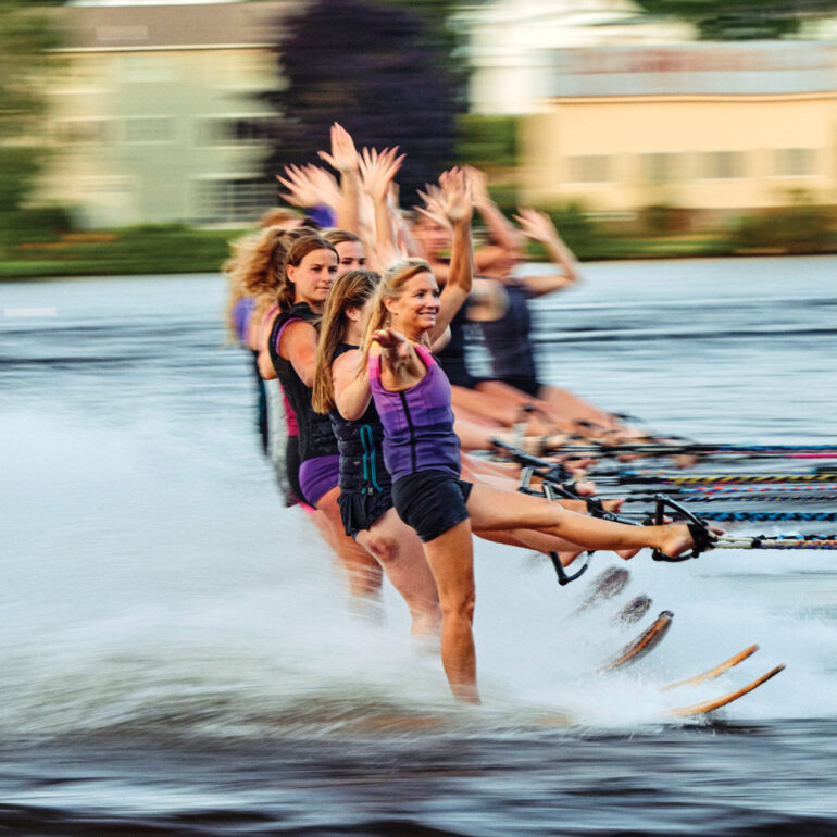 a water-skiing team practicing their routine for the Maine Attraction, Maine’s only water-skiing show
