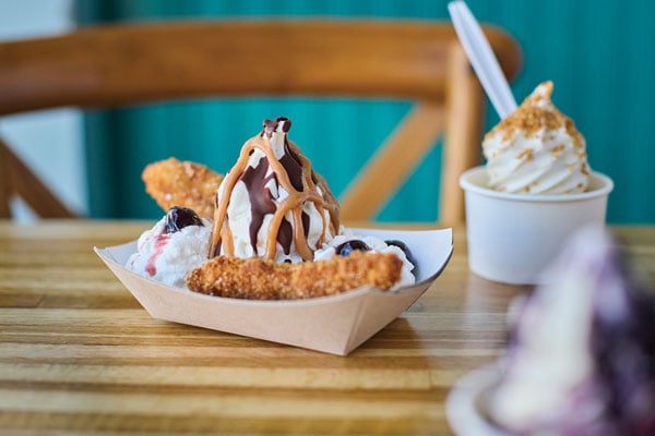 Fish & Whistle's soft-serve options, including a banana split with deep-fried banana;