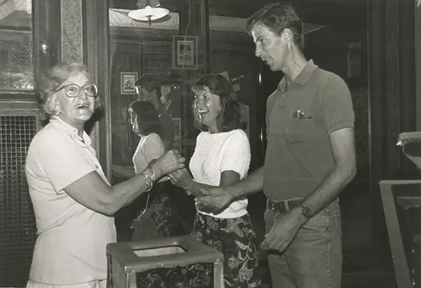 B.J. Morison, a former owner of the Criterion Theatre, collects tickets